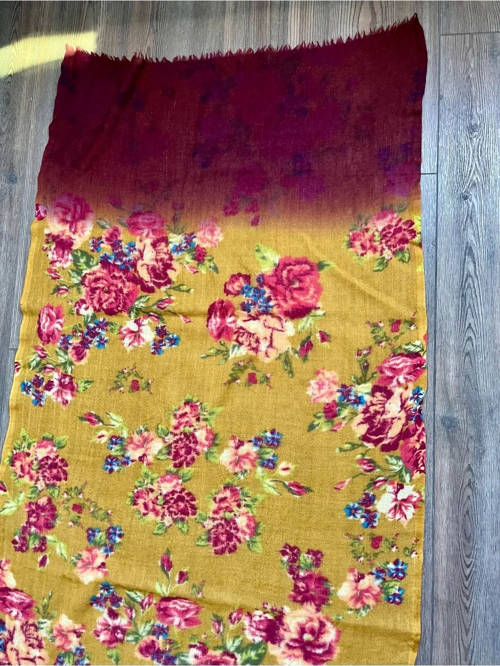 Floral Gradient Shawl Wrap in Mustard and Burgundy - Unbranded 26/72 Inch